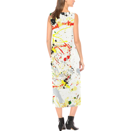 Black, Red, Yellow Paint Splatter Phaedra Sleeveless Open Fork Long Dress (Model D08)