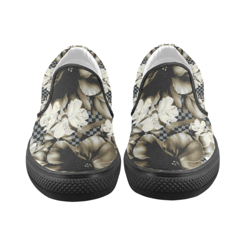 Black and White Flowers on Checkerboard Design By Me by Doris Clay-Kersey Men's Unusual Slip-on Canvas Shoes (Model 019)