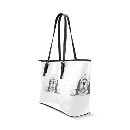 Sheepie Doodle grey & white- white Leather Tote Bag/Large (Model 1640)