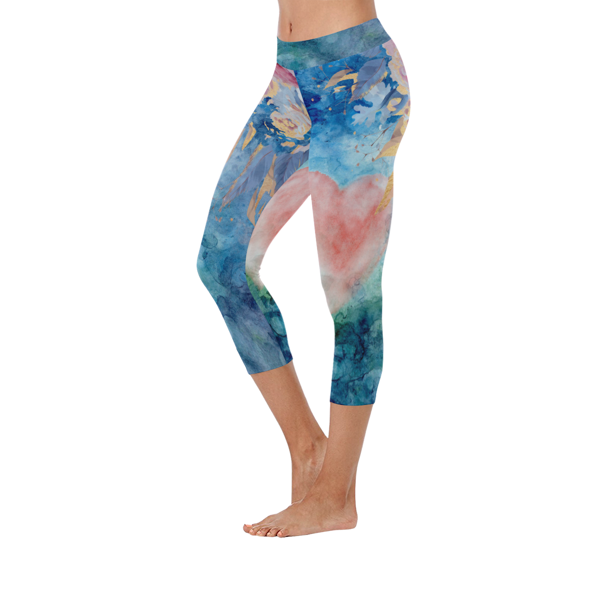 Heart and Flowers - Pink and Blue Women's Low Rise Capri Leggings (Invisible Stitch) (Model L08)
