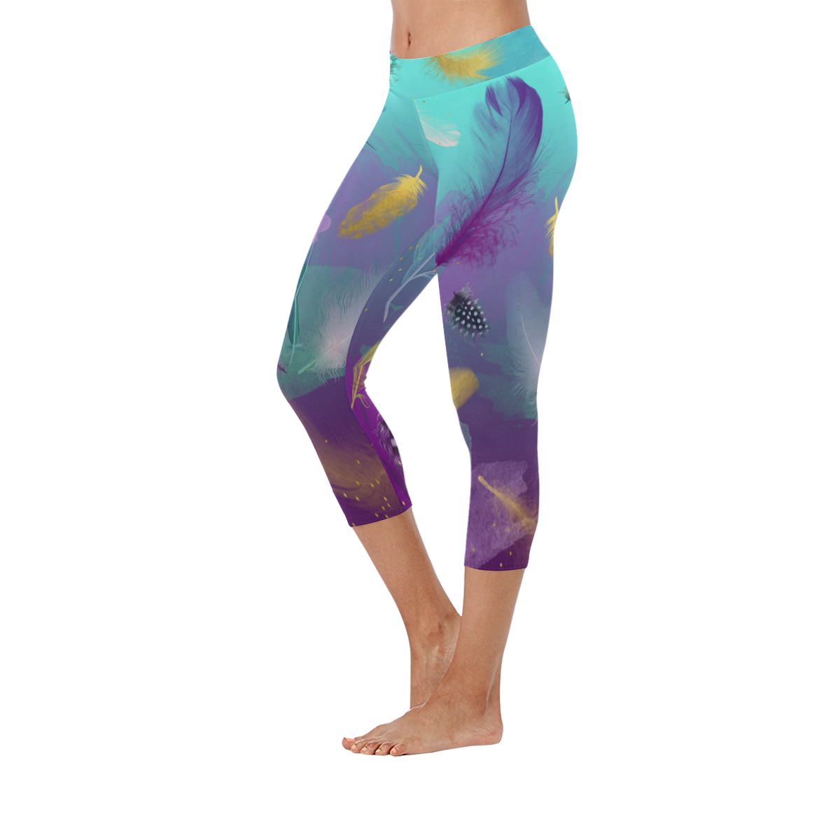 Dancing Feathers - Turquoise and Purple Women's Low Rise Capri Leggings (Invisible Stitch) (Model L08)