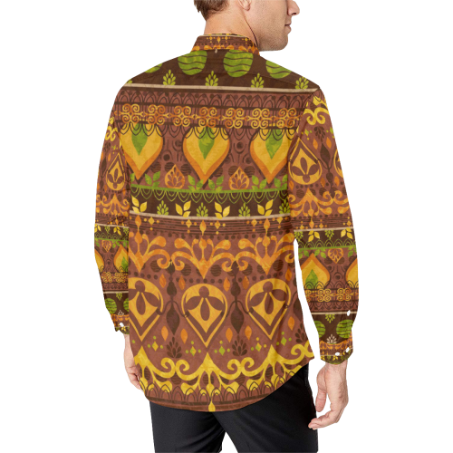 Ethnic Bohemian Brown, Orange, and Green Men's All Over Print Casual Dress Shirt (Model T61)