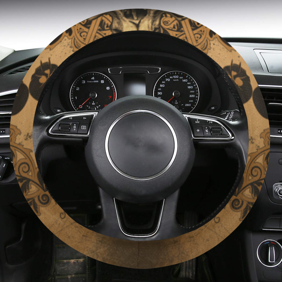 Skull with skull mandala on the background Steering Wheel Cover with Anti-Slip Insert