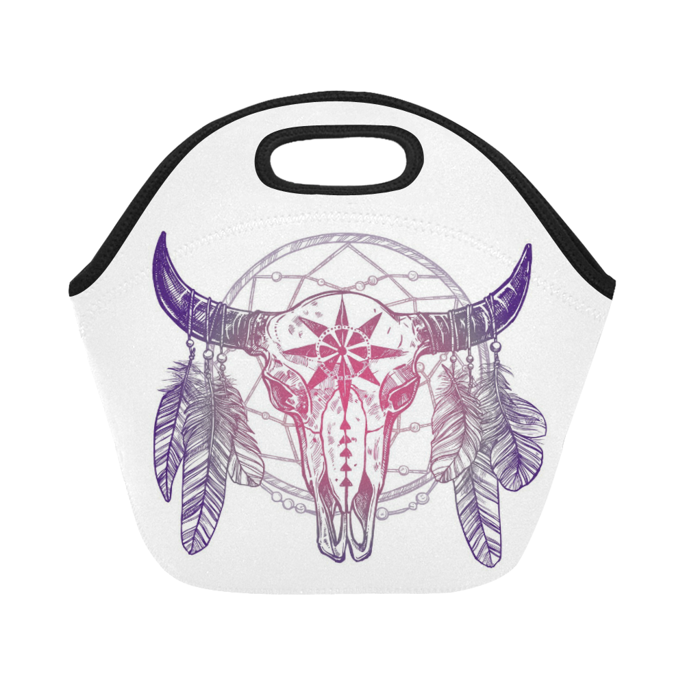 Buffalo skull with feathers and dreamcatcher Neoprene Lunch Bag/Small (Model 1669)