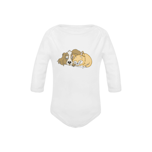 Napping Dog And Kitten White Baby Powder Organic Long Sleeve One Piece (Model T27)