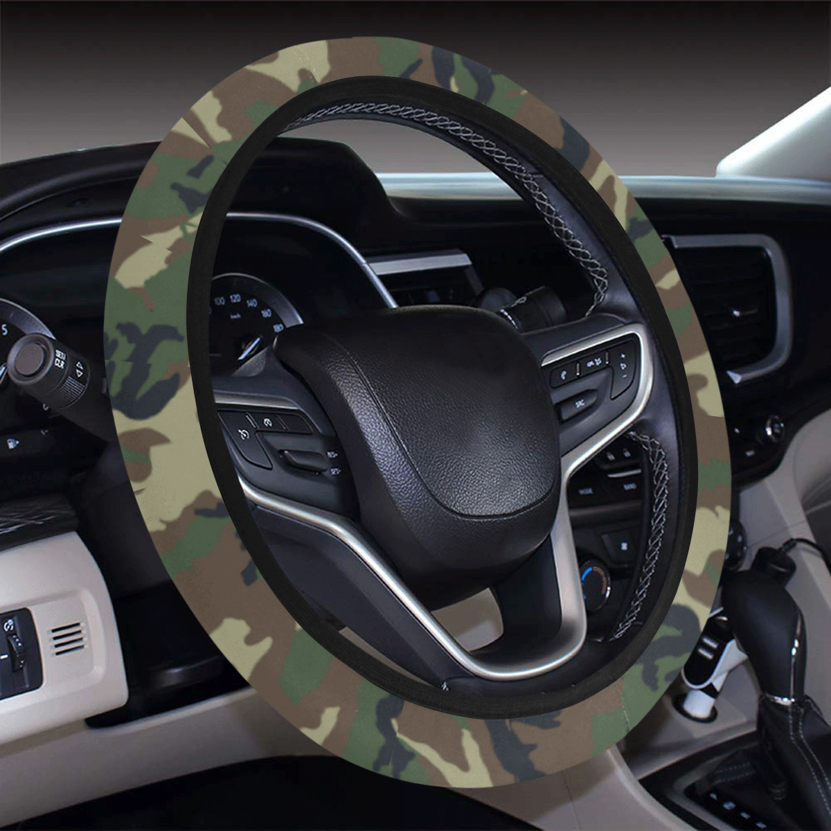 Woodland Forest Green Camouflage Steering Wheel Cover with Elastic Edge