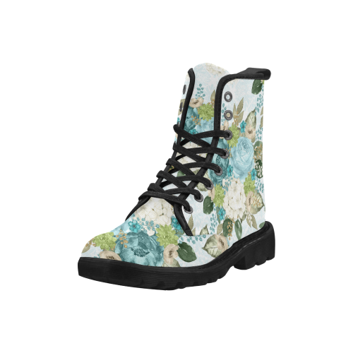 Watercolor Floral Boots, Teal Flower Bouquet Martin Boots for Women (Black) (Model 1203H)