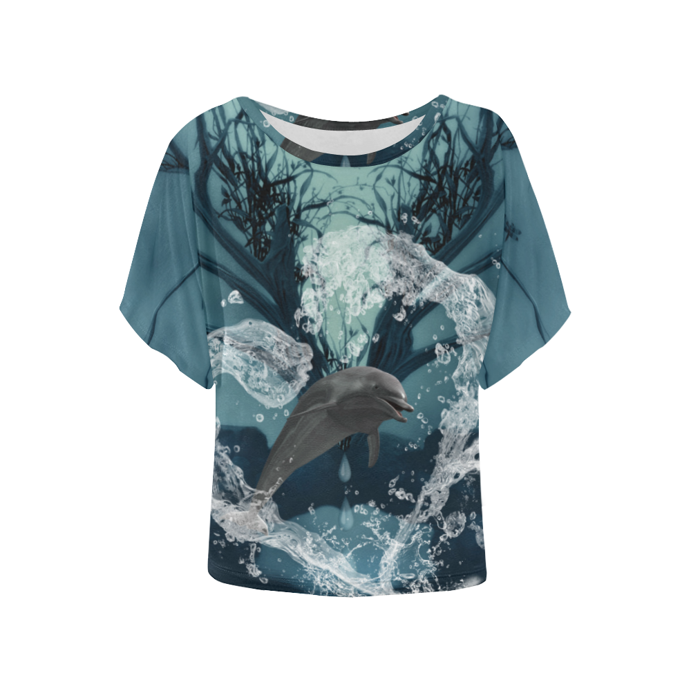 Dolphin jumping by a heart Women's Batwing-Sleeved Blouse T shirt (Model T44)