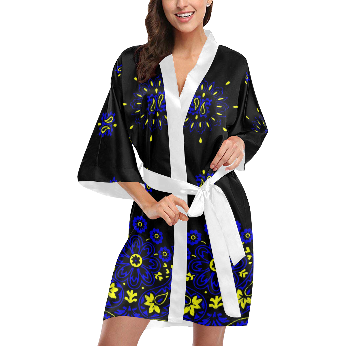 blue yellow bandana version 2 Kimono Robe