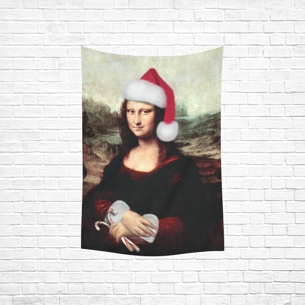 Christmas Mona Lisa with Santa Hat Cotton Linen Wall Tapestry 40"x 60"