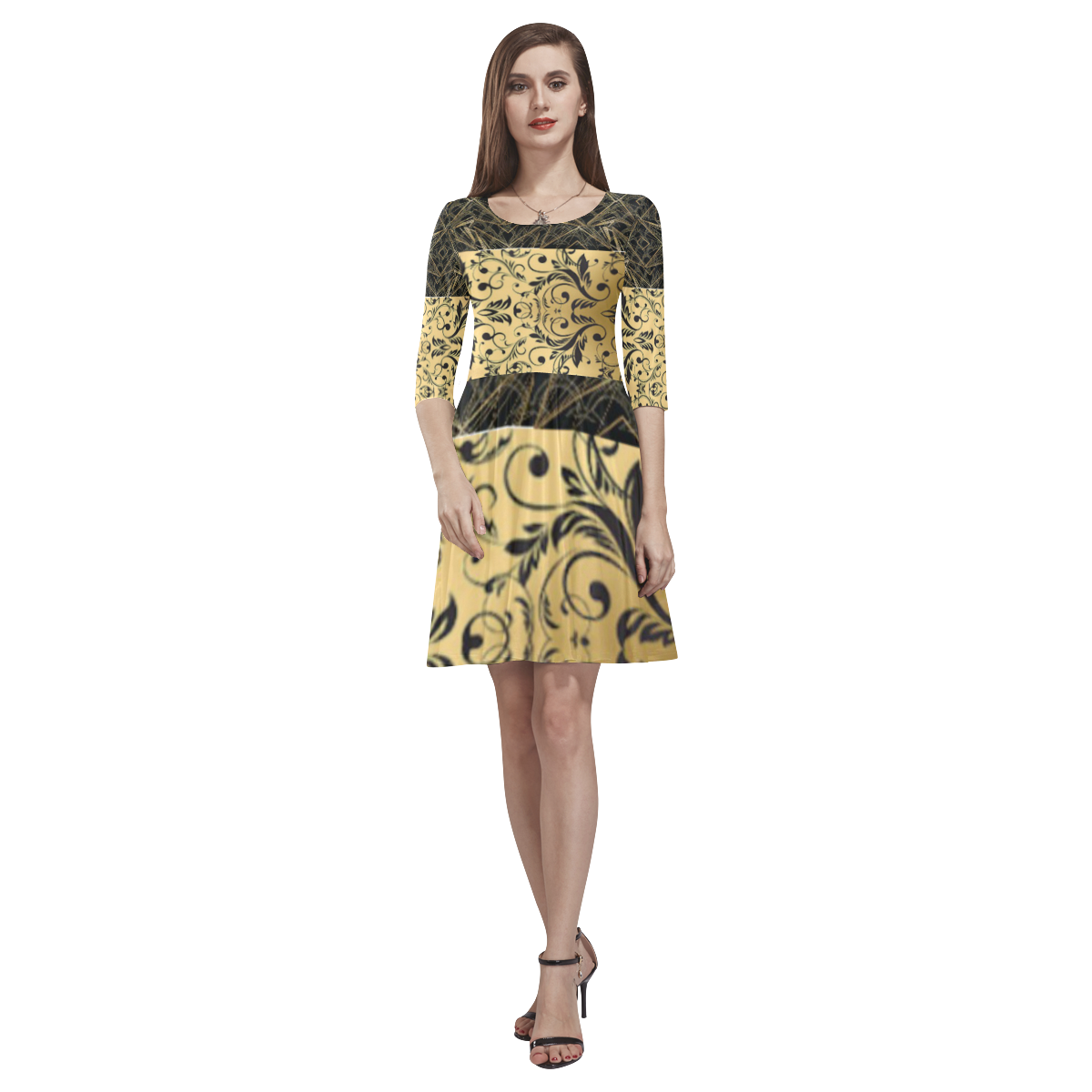 seamless gold and floral print half sleeve skater dress by Fipstylez Designs Tethys Half-Sleeve Skater Dress(Model D20)