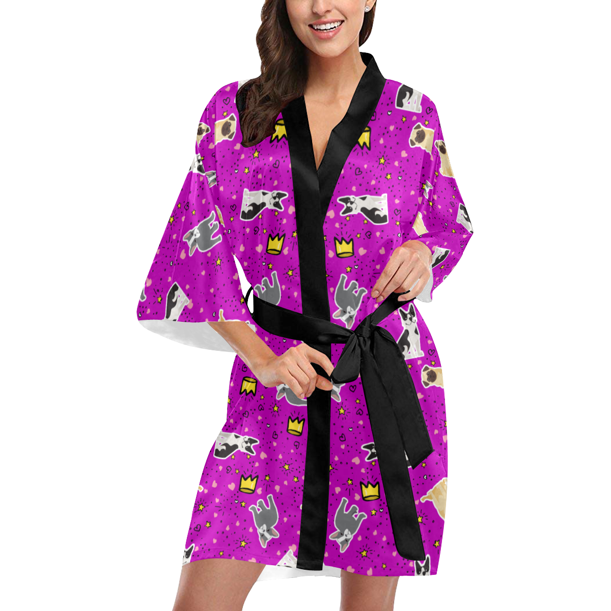 Pugs Bostons Frenchies Fuchsia Kimono Robe Kimono Robe