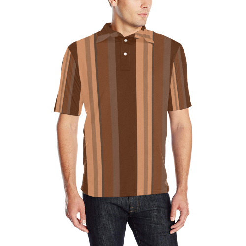 Brown Chocolate Caramel Stripes Men's All Over Print Polo Shirt (Model T55)
