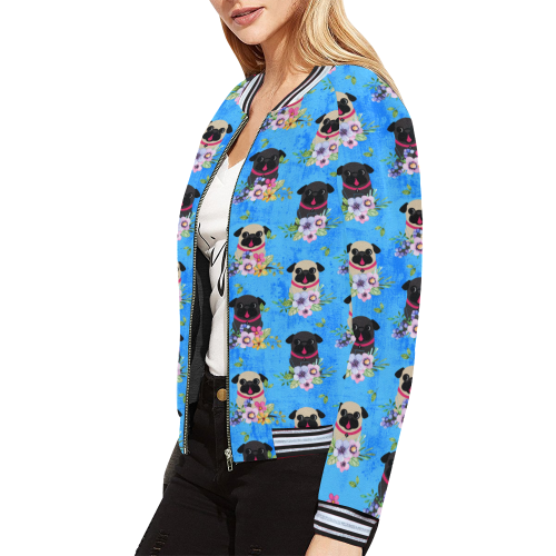 Pugs In Flowers All Over Print Bomber Jacket for Women (Model H21)