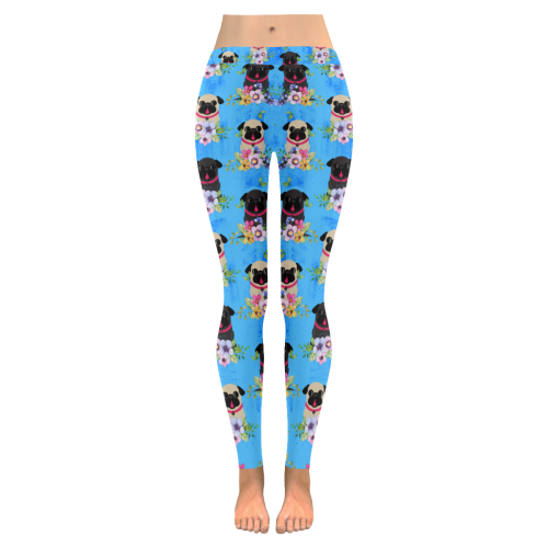 Pugs In Flowers Women's Low Rise Leggings (Invisible Stitch) (Model L05)