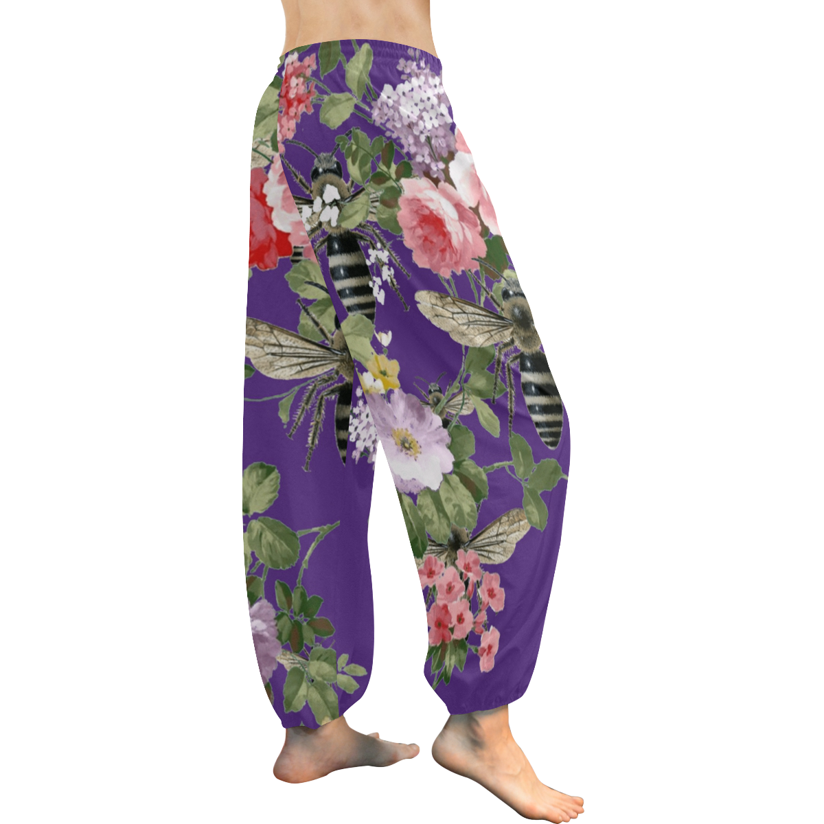 Purple Flora and Bees Women's All Over Print Harem Pants (Model L18)