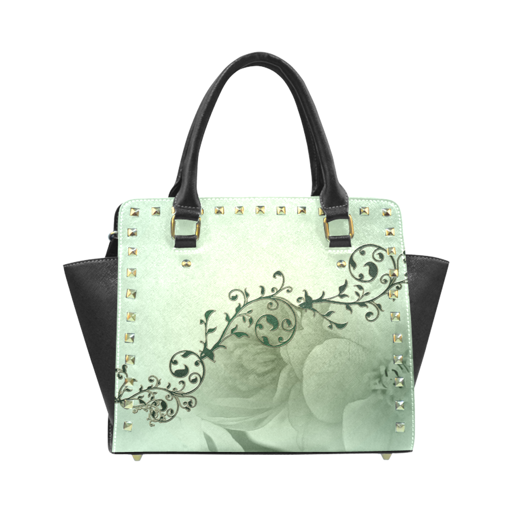Wonderful flowers, soft green colors Rivet Shoulder Handbag (Model 1645)