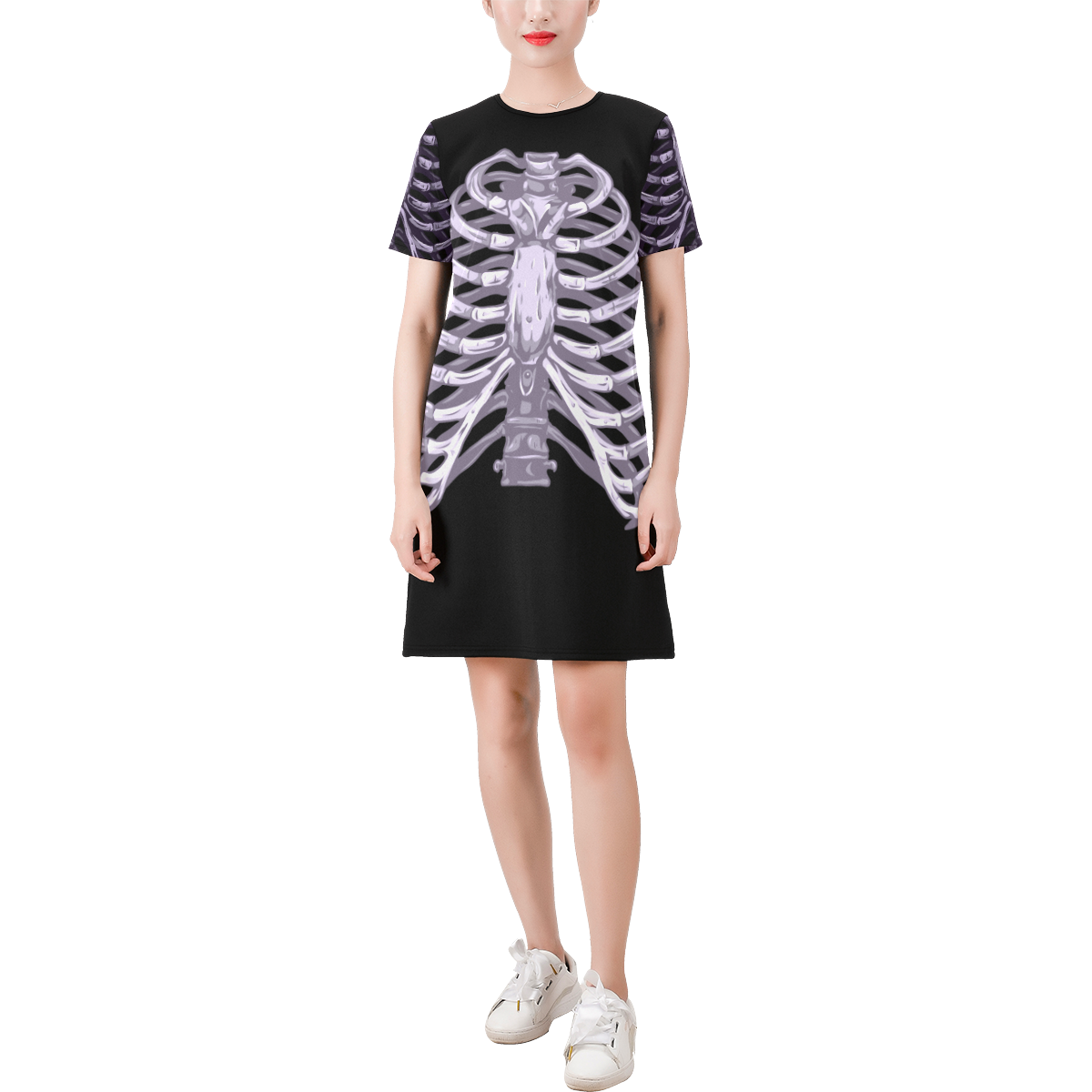 skeletor Short-Sleeve Round Neck A-Line Dress (Model D47)