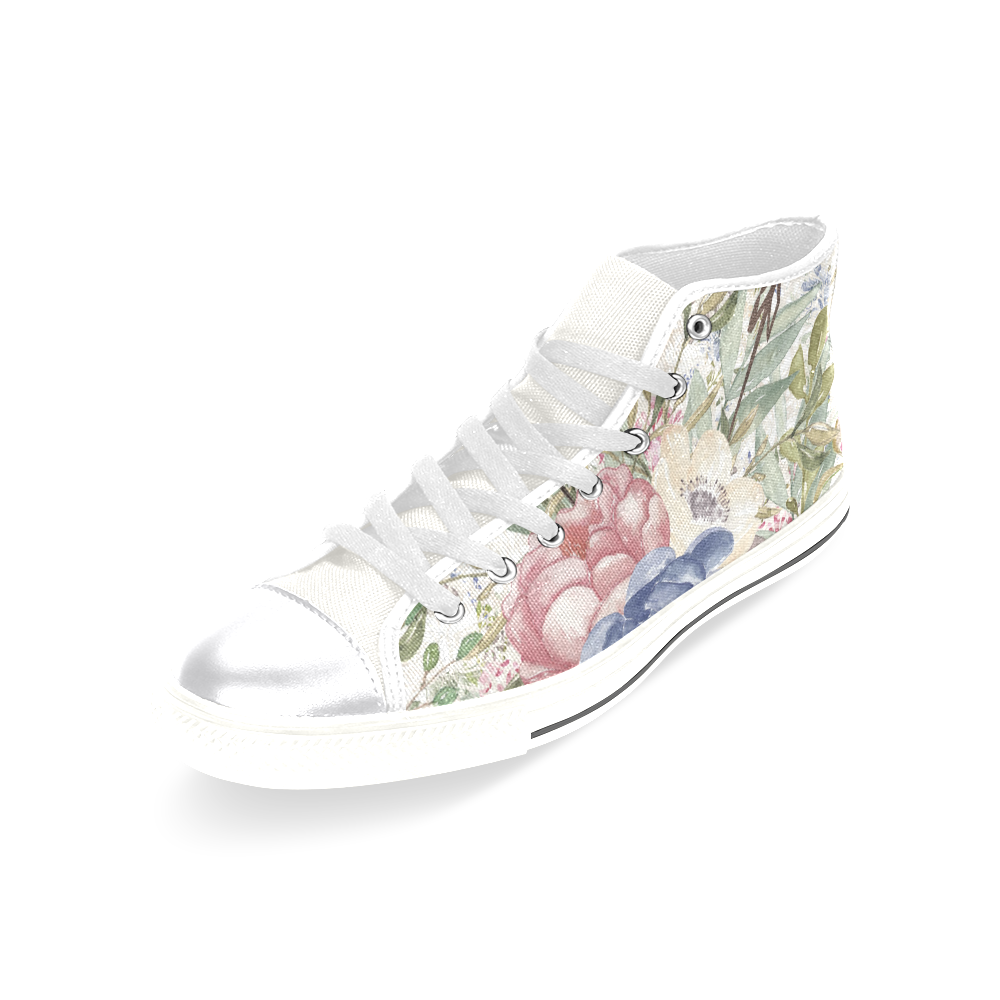 Spring Flowers Shoes, Watercolor Art Women's Classic High Top Canvas Shoes (Model 017)