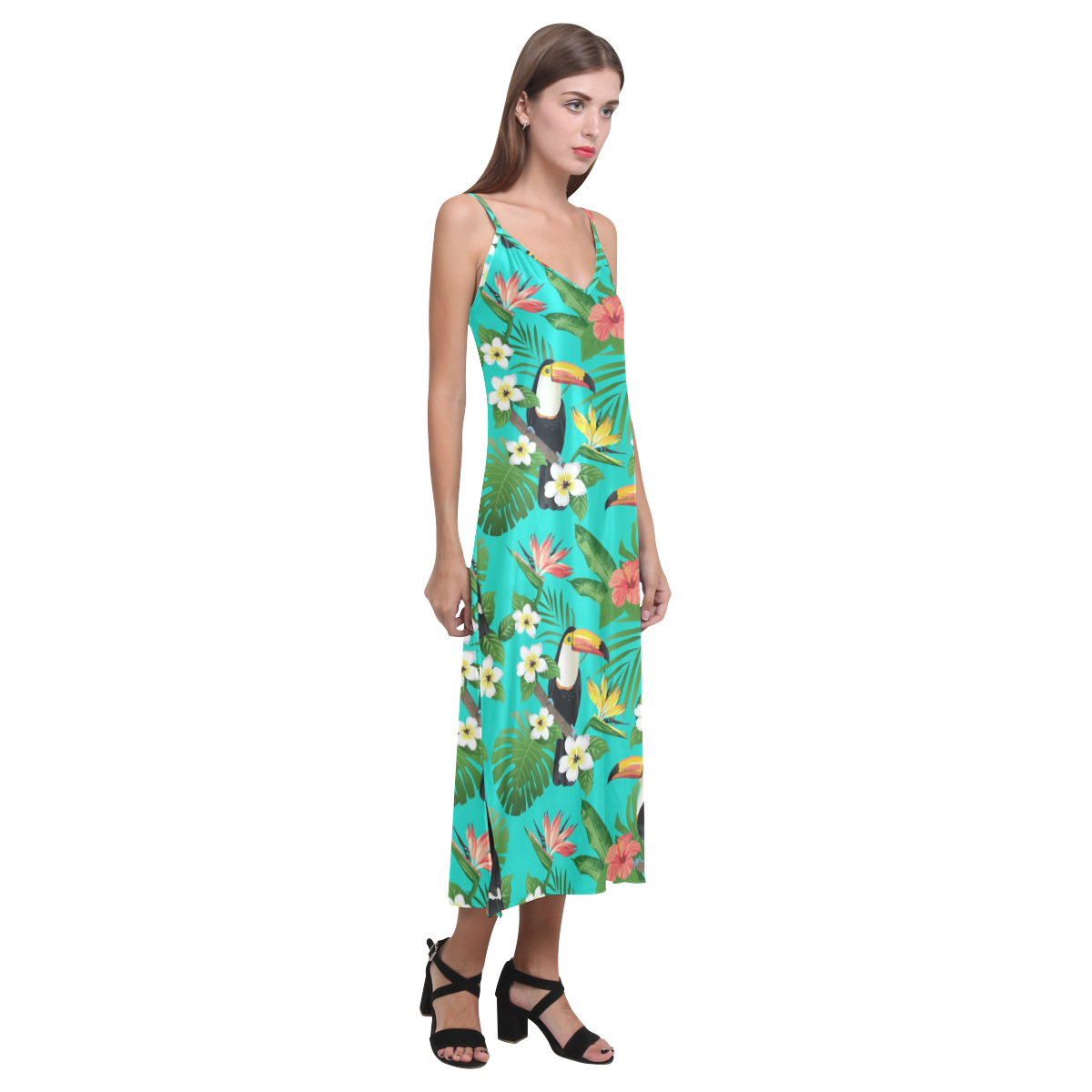 Tropical Summer Toucan Pattern V-Neck Open Fork Long Dress(Model D18)