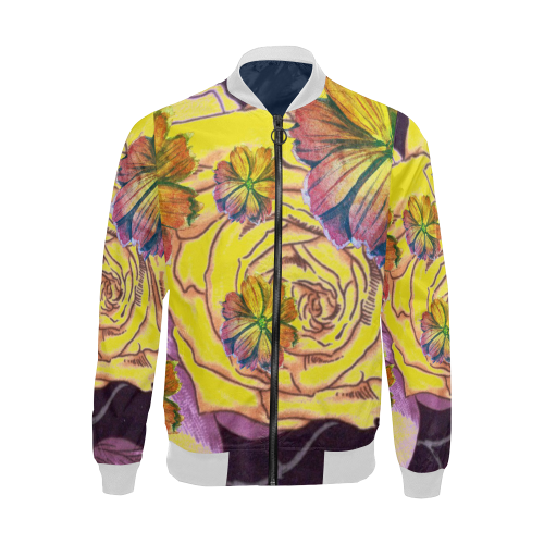 Multicolor Watercolor Flowers Yellow Purple Green All Over Print Bomber Jacket for Men (Model H19)