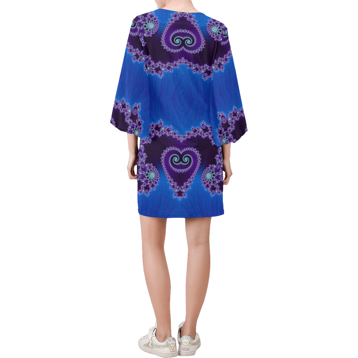 Blue Hearts and Lace Fractal Abstract 2 Bell Sleeve Dress (Model D52)