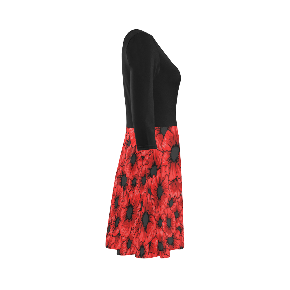Red Hibiscus Flowers 3/4 Sleeve Sundress (D23)
