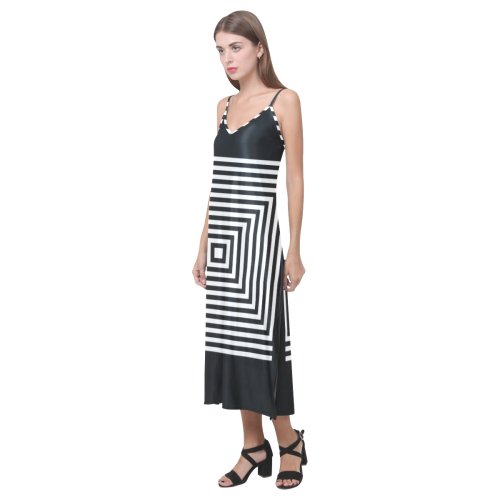 negro blanco 3d V-Neck Open Fork Long Dress(Model D18)