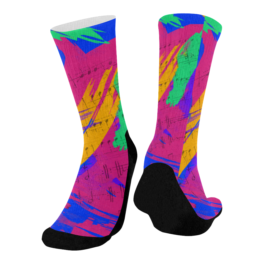Groovy Paint Brush Strokes with Music Notes Mid-Calf Socks (Black Sole)