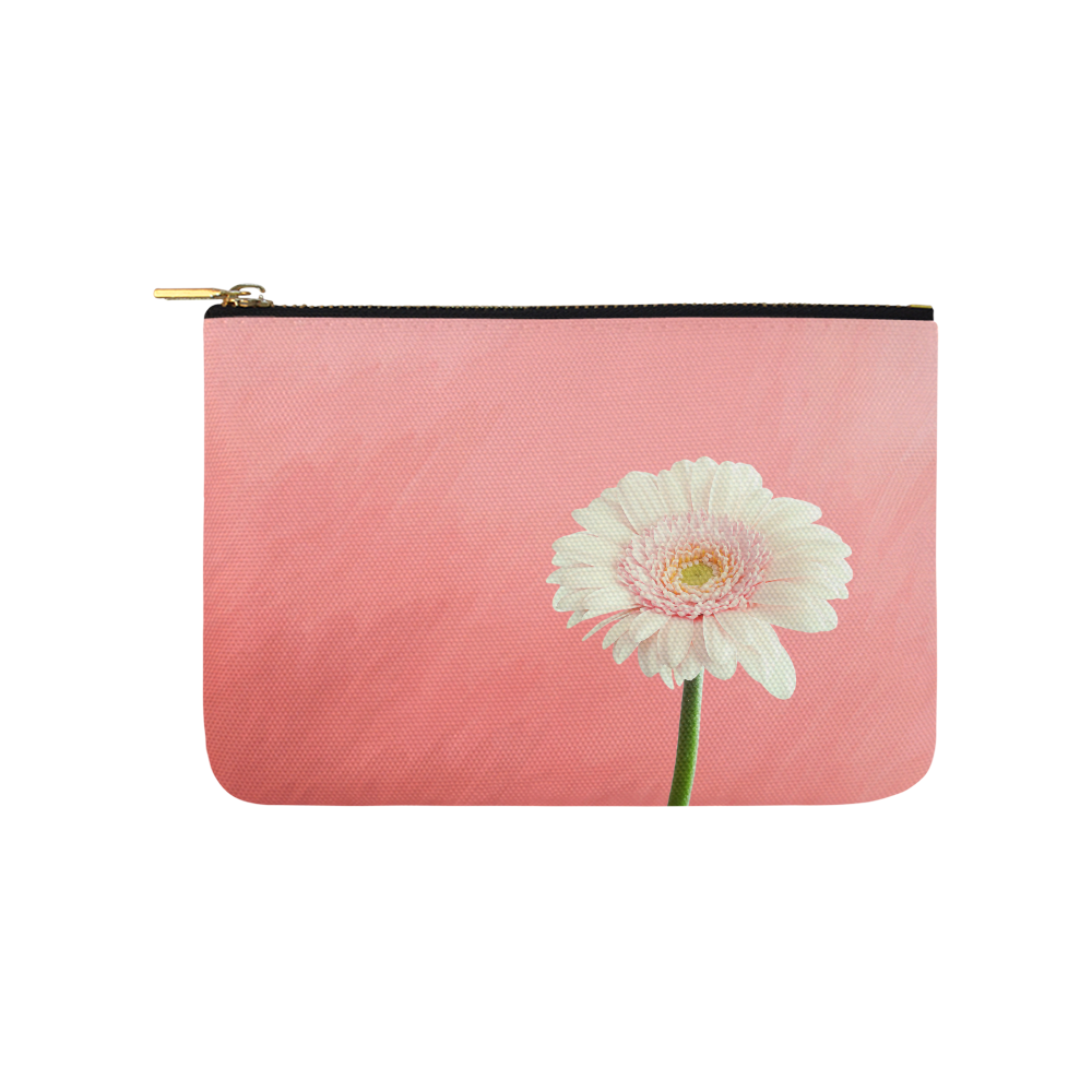 Gerbera Daisy - White Flower on Coral Pink Carry-All Pouch 9.5''x6''