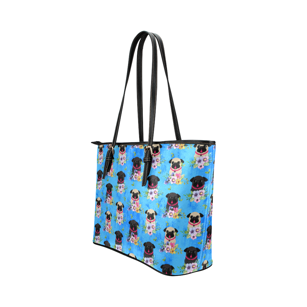 Pugs In Flowers Leather Tote Bag/Small (Model 1651)