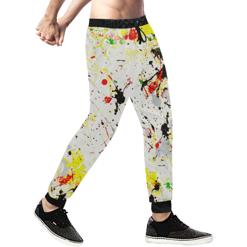 Yellow & Black Paint Splatter Men's All Over Print Sweatpants (Model L11)