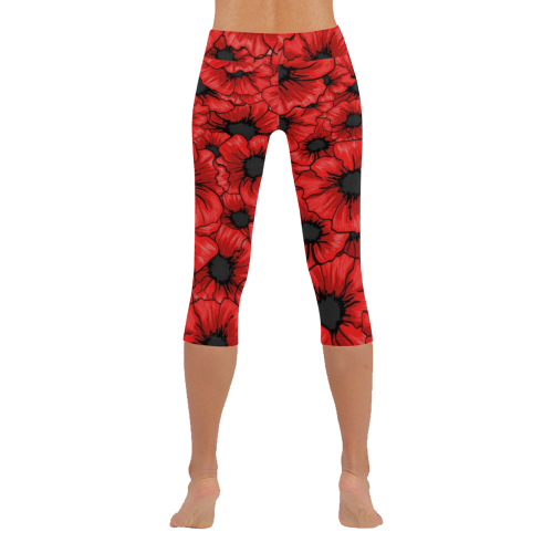 Red Hibiscus Flowers Women's Low Rise Capri Leggings (Invisible Stitch) (Model L08)