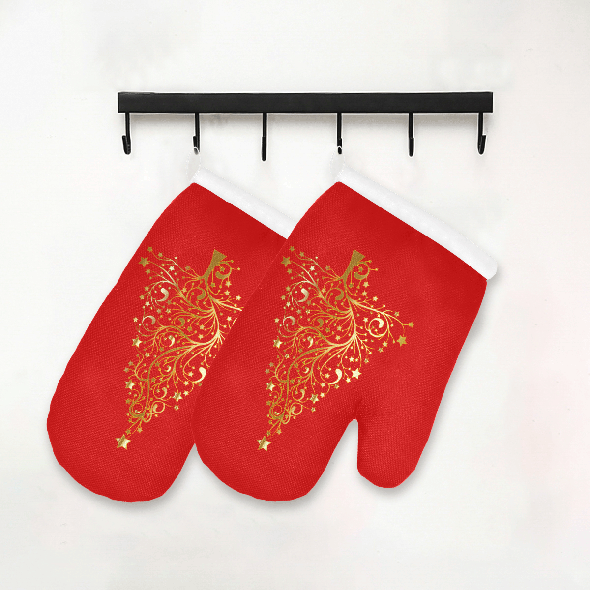 Golden Christmas Tree on Red Oven Mitt (Two Pieces)