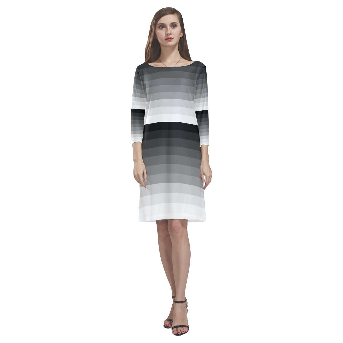 White, black, gray multicolored stripes Rhea Loose Round Neck Dress(Model D22)