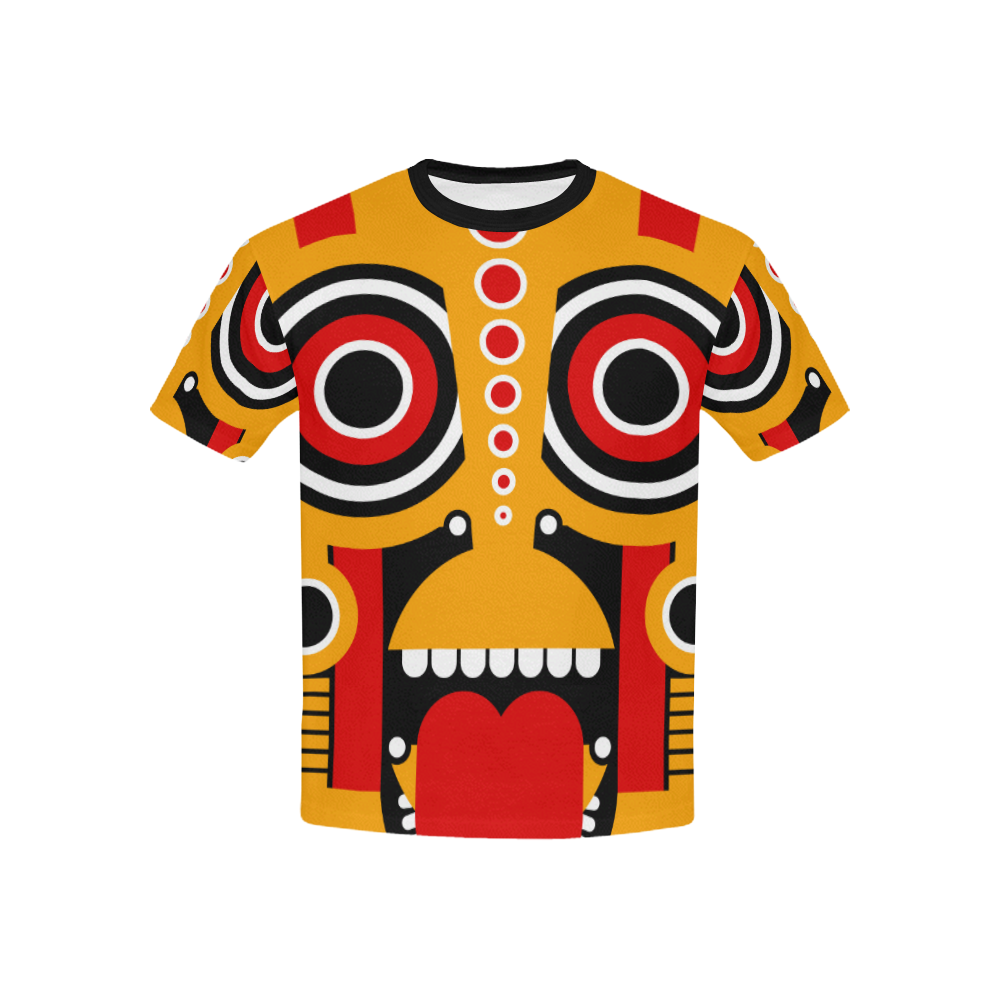 Red Yellow Tiki Tribal Kids' All Over Print T-Shirt with Solid Color Neck (Model T40)