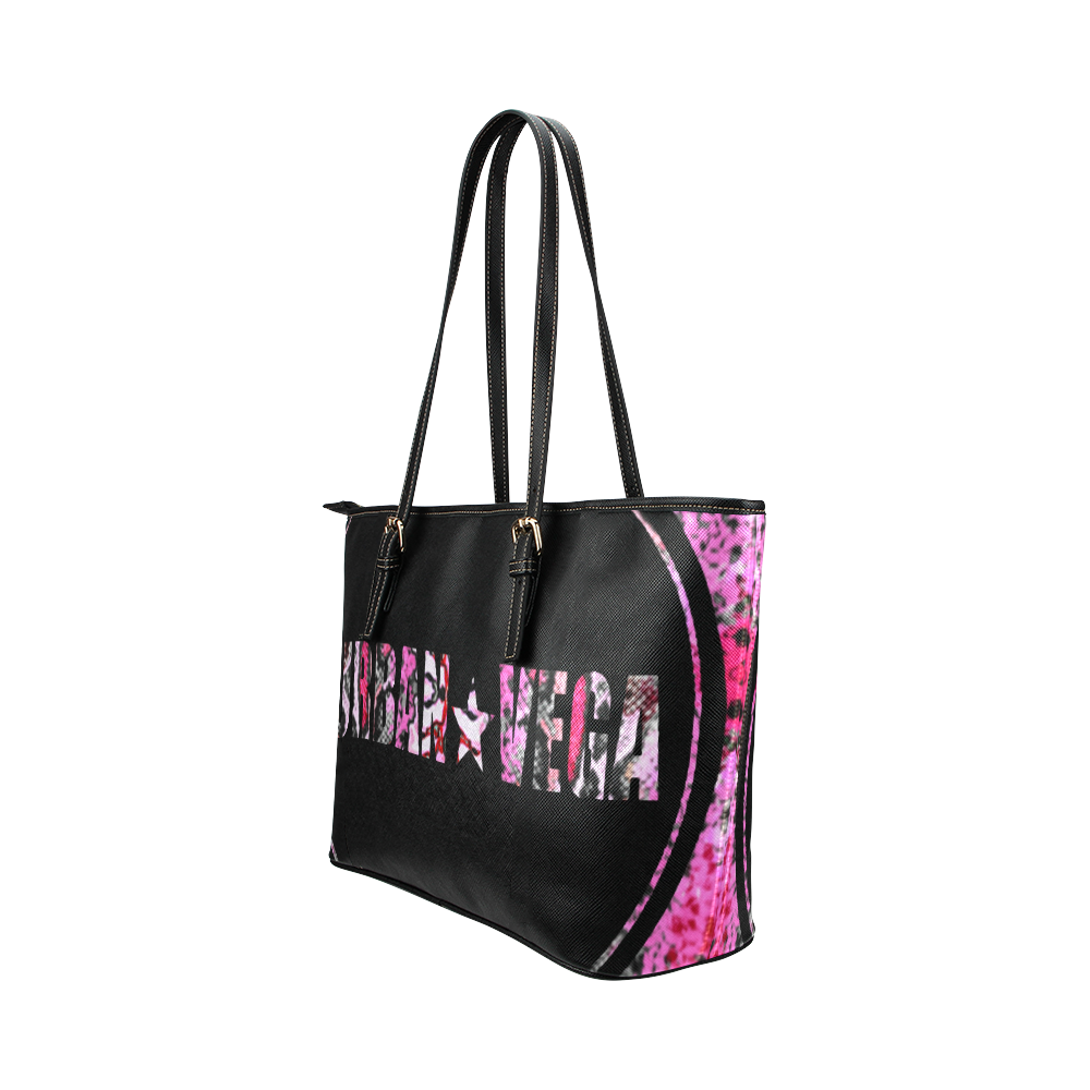 Black and pink with colorful logo name Leather Tote Bag/Large (Model 1651)