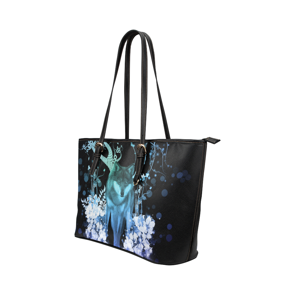 Awesome wolf with flowers Leather Tote Bag/Small (Model 1651)