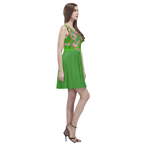 Honeysuckle Abstract with Plain Green Skirt Thea Sleeveless Skater Dress(Model D19)