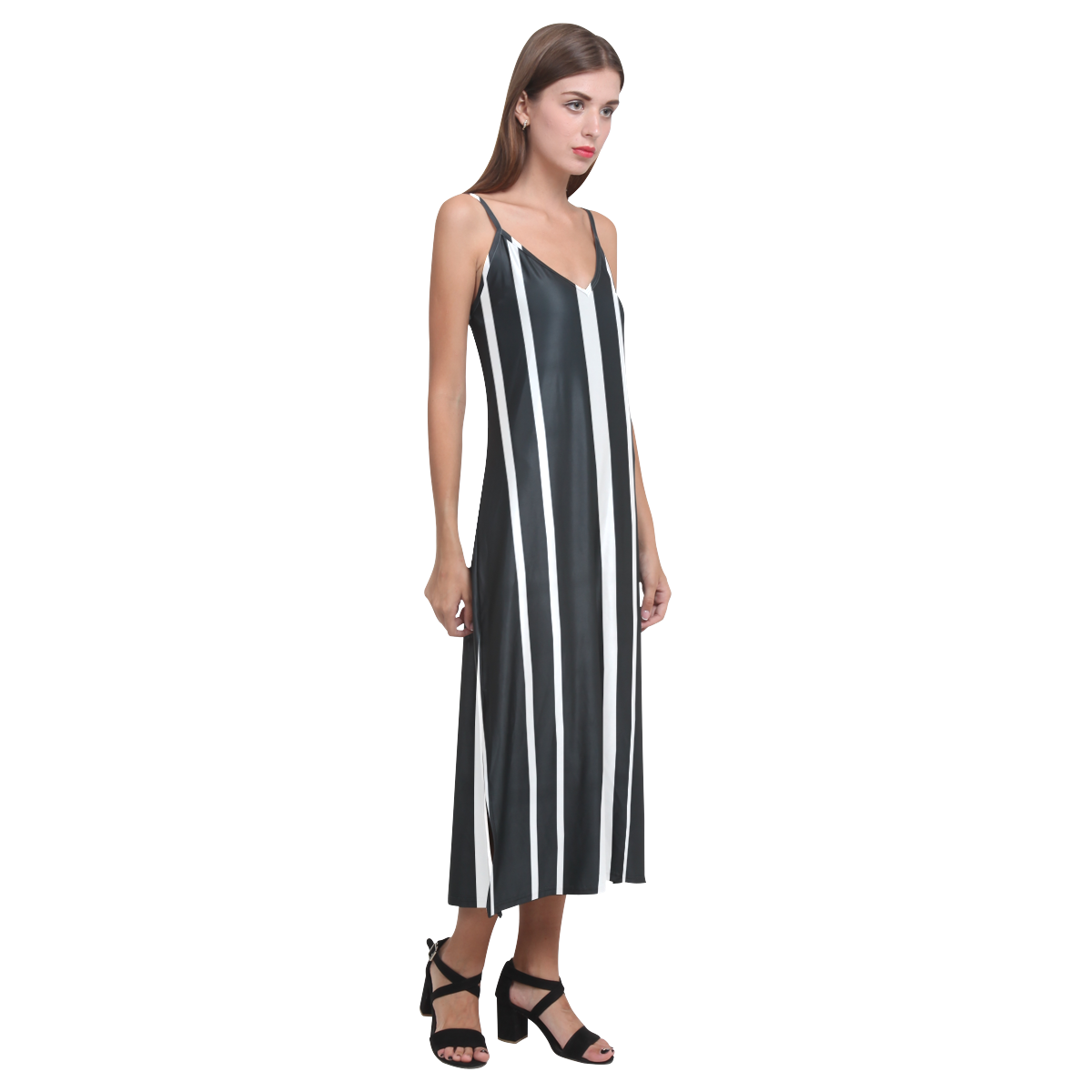 white stripes on black V-Neck Open Fork Long Dress(Model D18)