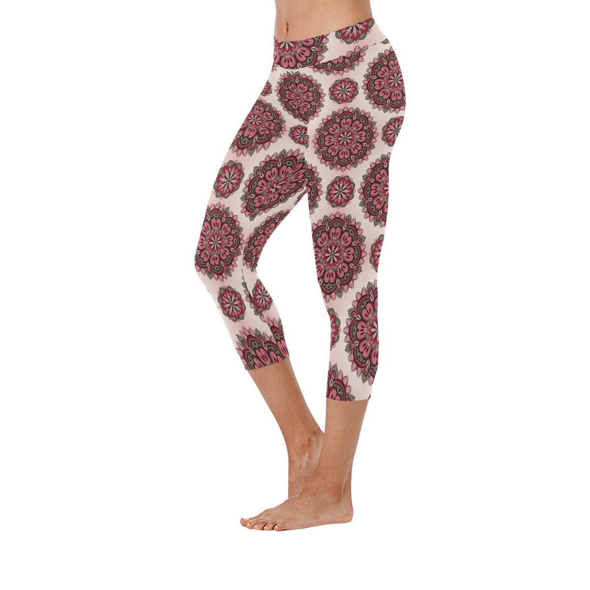 Mandala Patterned Pink Women's Low Rise Capri Leggings (Invisible Stitch) (Model L08)