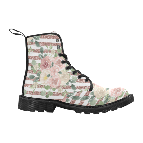 Sweet Pink Floral Boots, Glitter Art Martin Boots for Women (Black) (Model 1203H)