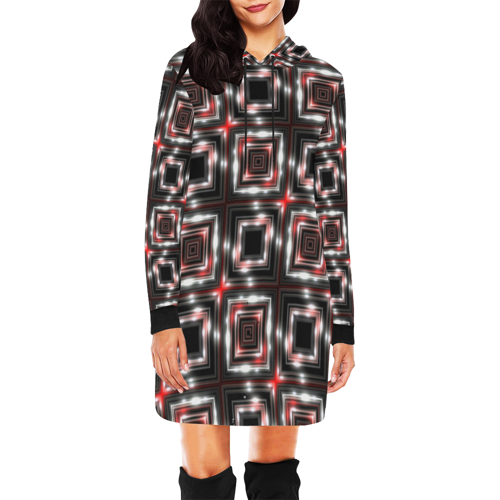 LIT Checkered (Black/White/Red) All Over Print Hoodie Mini Dress (Model H27)