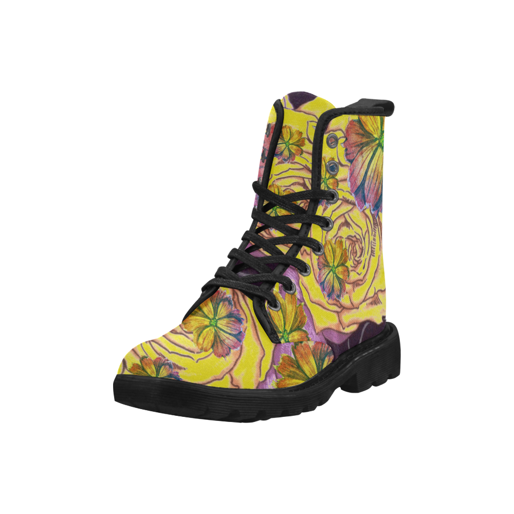 Watercolor Flowers Yellow Purple Green Martin Boots for Women (Black) (Model 1203H)