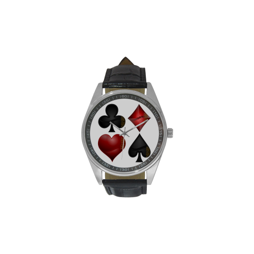 Las Vegas Black and Red Casino Poker Card Shapes (White) Men's Casual Leather Strap Watch(Model 211)
