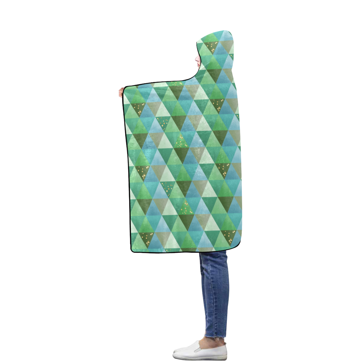 Triangle Pattern - Green Teal Khaki Moss Flannel Hooded Blanket 50''x60''