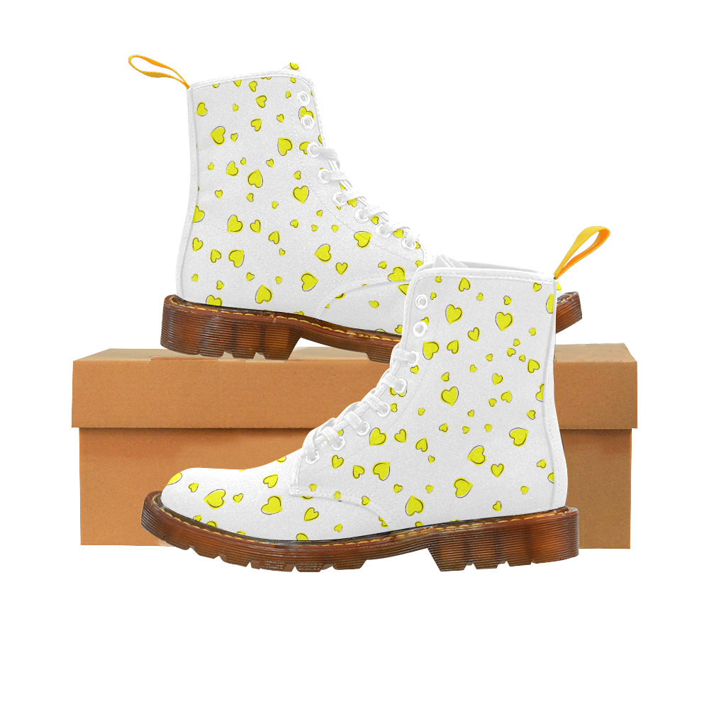 Yellow Hearts Floating on White Martin Boots For Women Model 1203H
