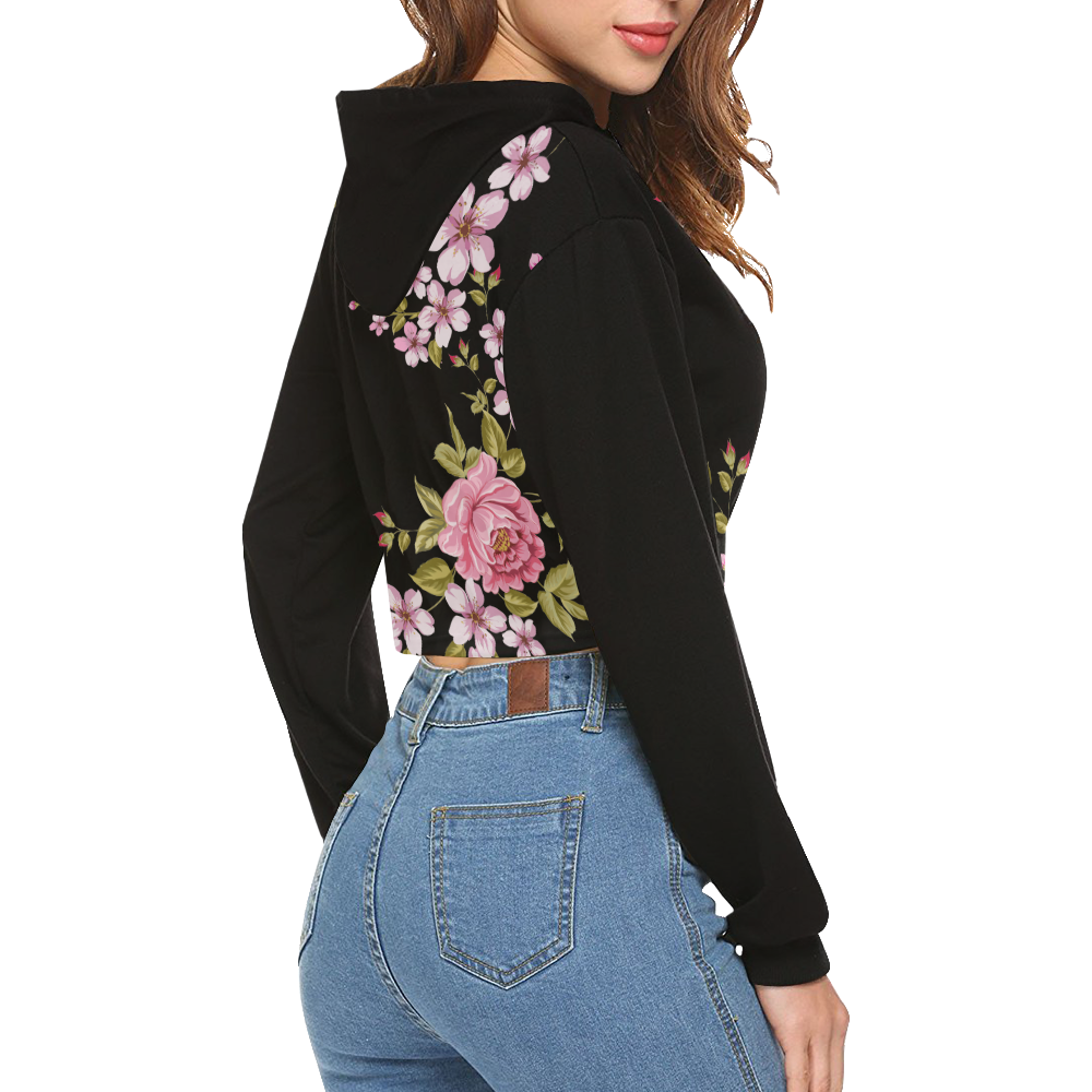 Pure Nature - Summer Of Pink Roses 1 All Over Print Crop Hoodie for Women (Model H22)