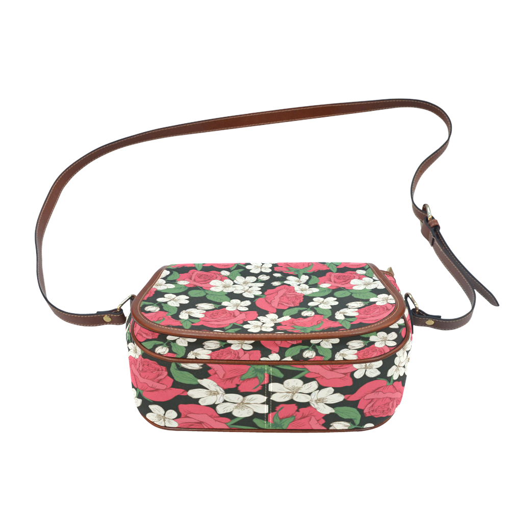 Pink, White and Black Floral Saddle Bag/Small (Model 1649) Full Customization