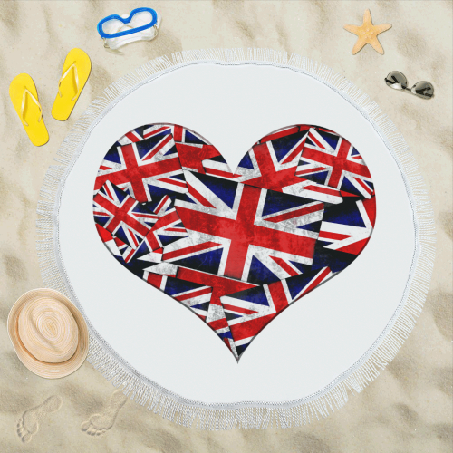 Union Jack British UK Flag Heart White Circular Beach Shawl 59"x 59"